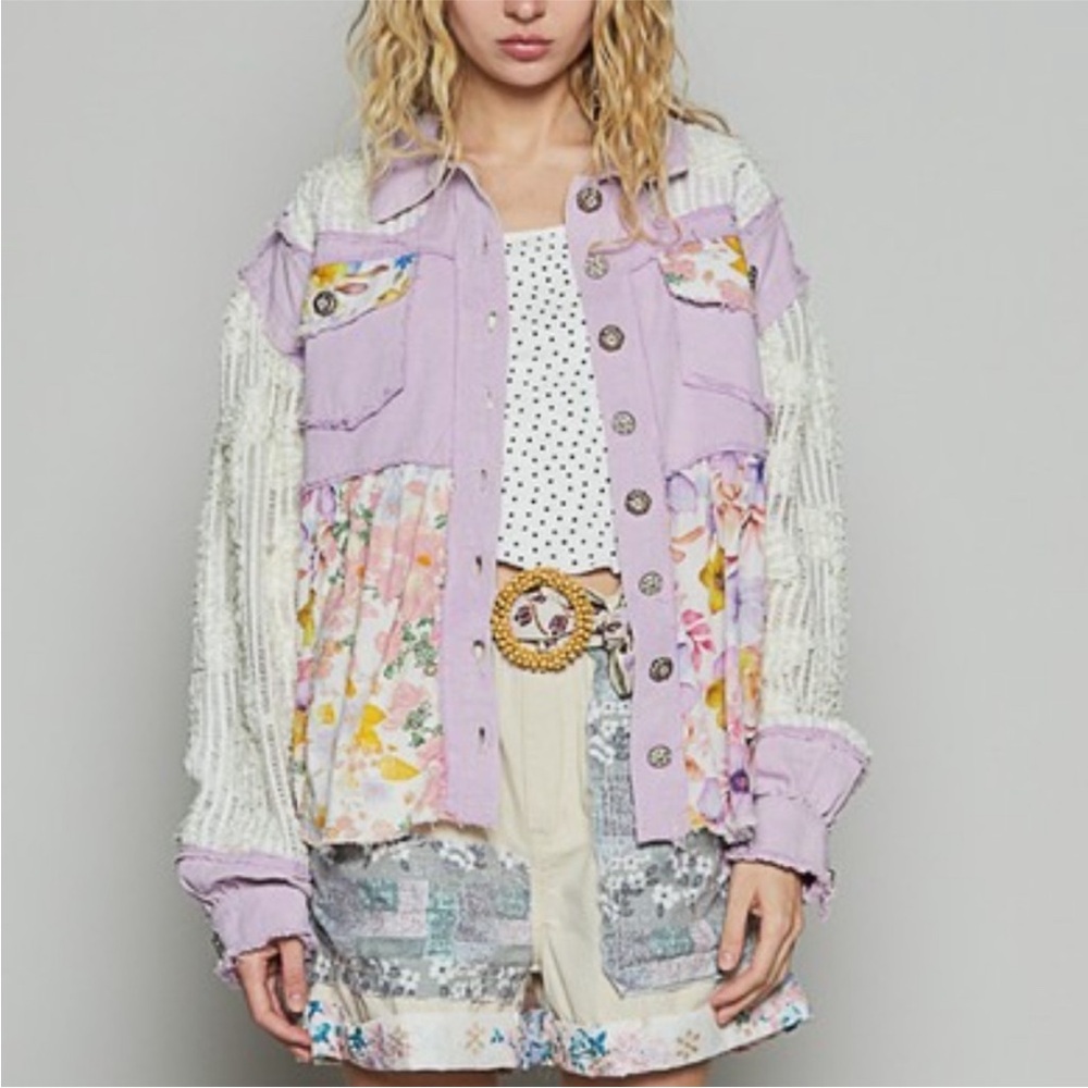 NWT! POL Lavender Patchwork Floral Button Down Jean Jacket Shacket - Picture 2 of 4